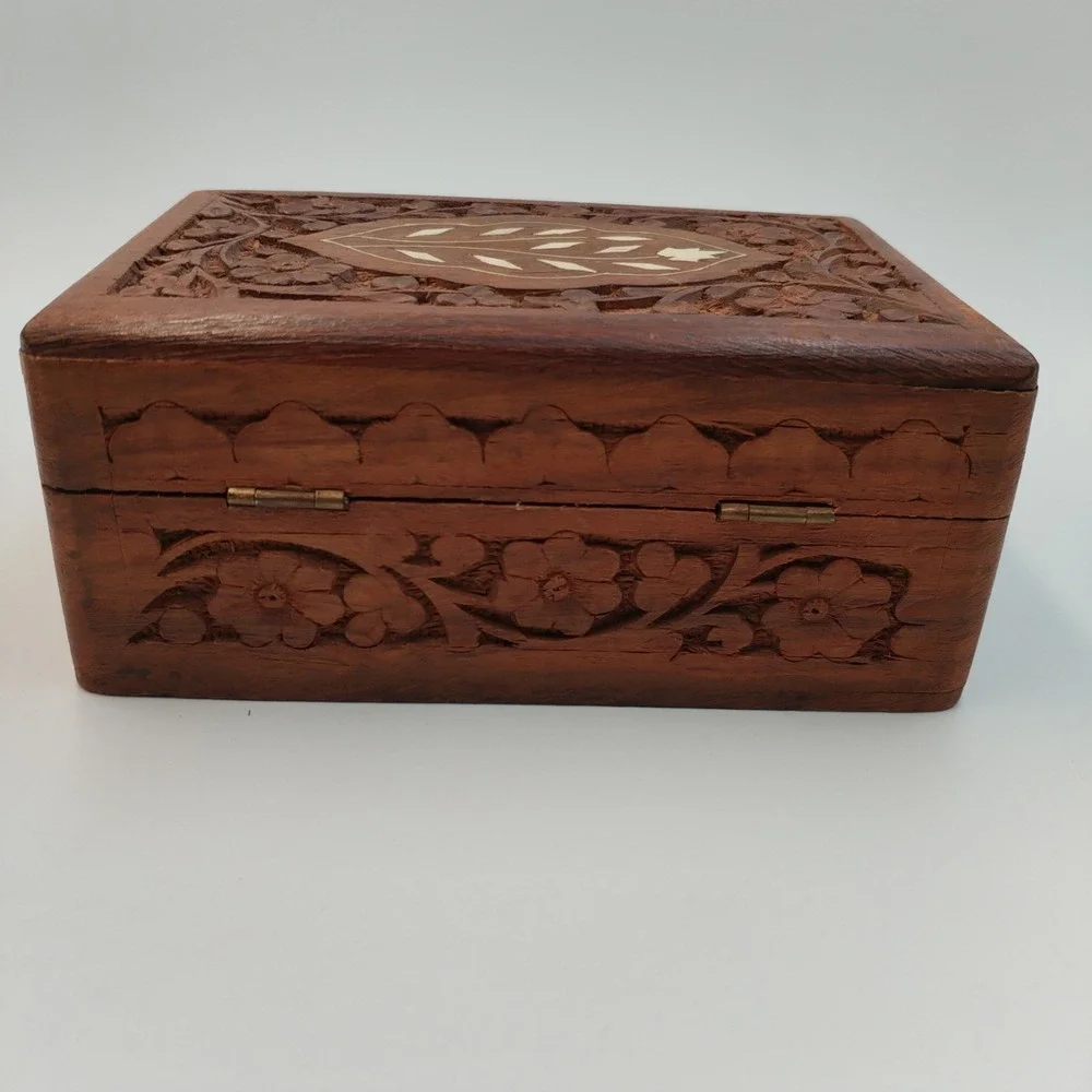 Vintage Hand Carved Indian‎ Wood Jewelry Box Inlay Floral Trinket Boho 6
